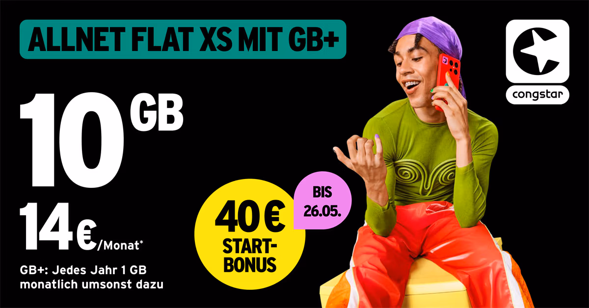 Ein junger Mann in bunter Kleidung spricht lächelnd in ein rotes Telefon. Der Text hebt einen Mobilfunktarif hervor, der 10 GB Datenvolumen für 14 €/Monat, einen Startbonus von 40 € bis zum 26.05. und 1 GB extra pro Jahr bietet. Congstar-Logo oben rechts.