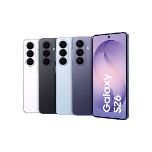Fünf Samsung Galaxy S26-Smartphones in verschiedenen Farben sind nebeneinander abgebildet, wobei sowohl die hinteren Kameras als auch der vordere Bildschirm mit der Aufschrift "Galaxy S26" zu sehen sind. Der Hintergrund ist einfarbig weiß.