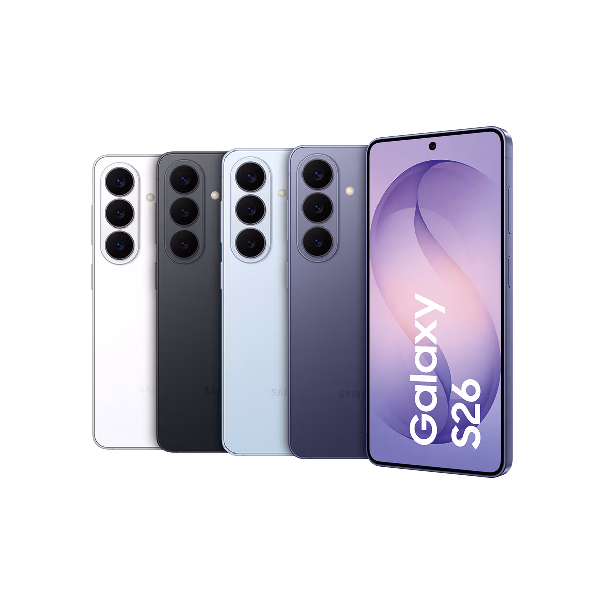 Fünf Samsung Galaxy S26-Smartphones in verschiedenen Farben sind nebeneinander abgebildet, wobei sowohl die hinteren Kameras als auch der vordere Bildschirm mit der Aufschrift "Galaxy S26" zu sehen sind. Der Hintergrund ist einfarbig weiß.