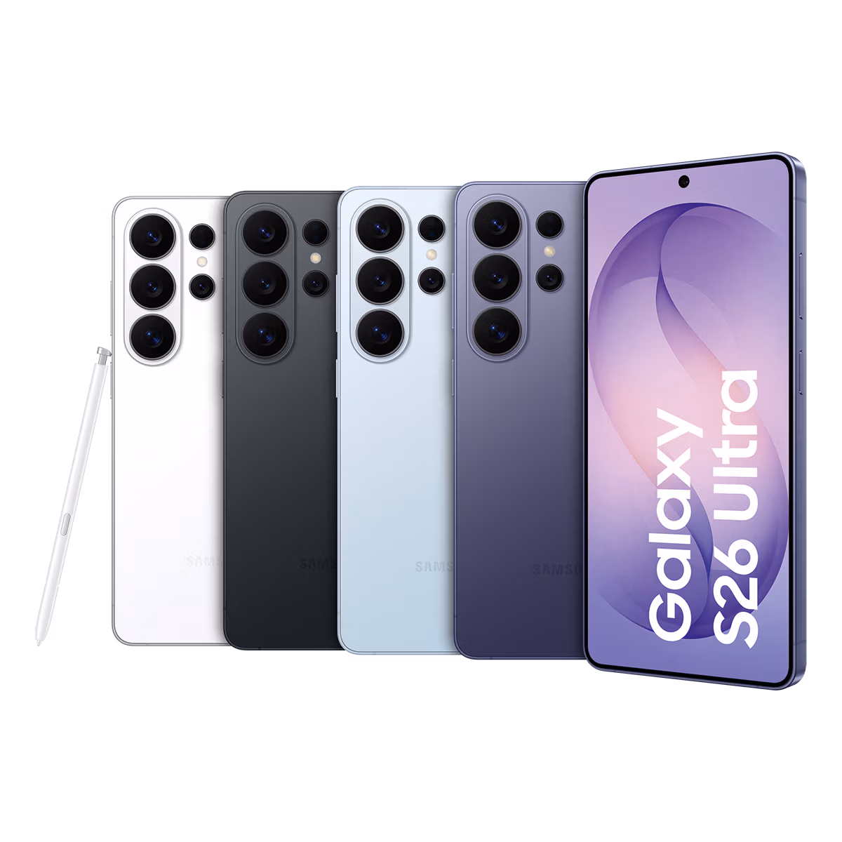 Fünf Samsung Galaxy S26 Ultra-Smartphones in den Farben Weiß, Schwarz, Blau und Lila sind aufrecht stehend abgebildet. Ein Telefon zeigt den Bildschirm mit dem Text "Galaxy S26 Ultra", und neben den Telefonen ist ein S Pen-Stift platziert.