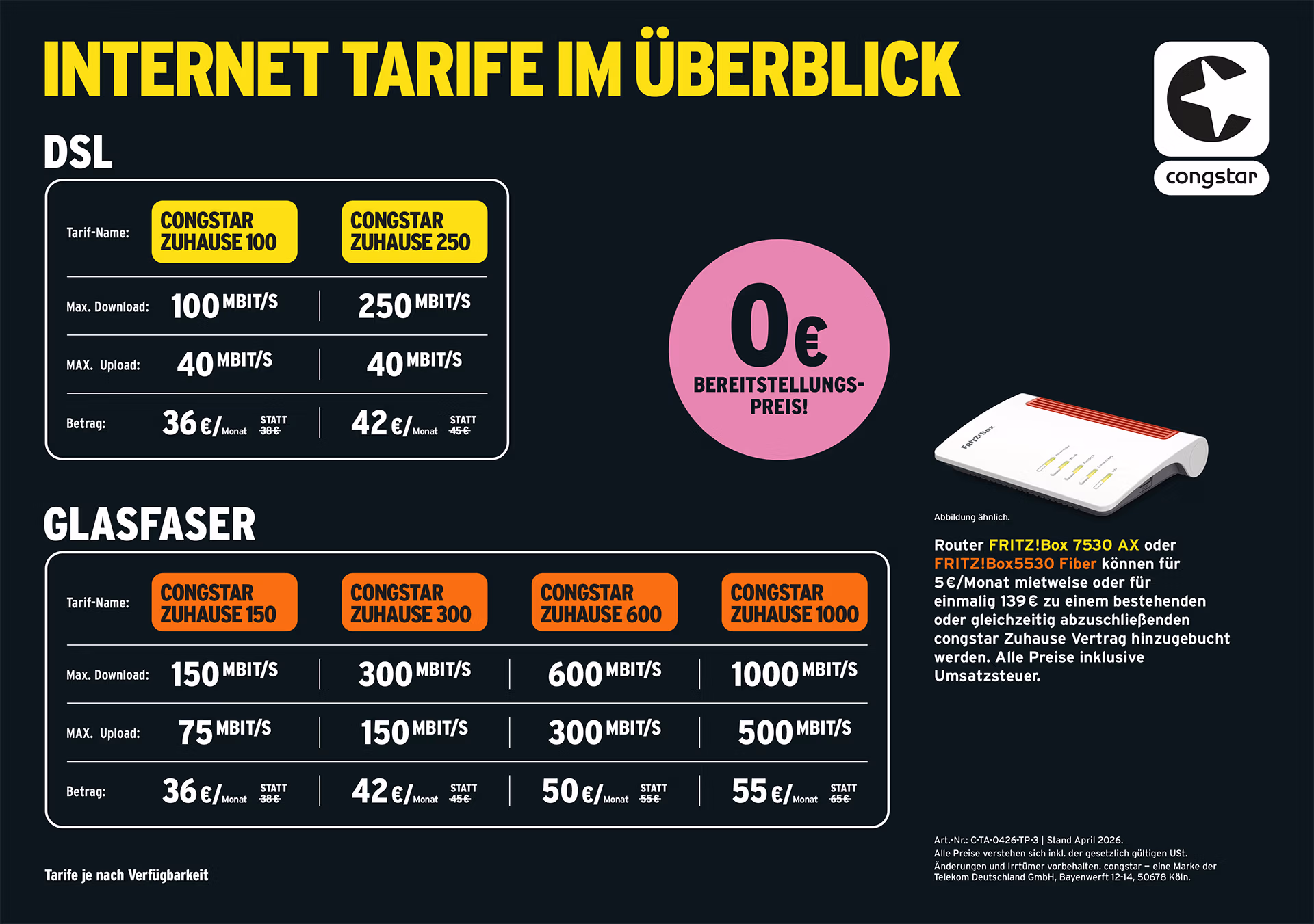 Eine Vergleichstabelle der Congstar-Internettarife für DSL und Glasfaser mit Preisen, Download- und Upload-Geschwindigkeiten und Einrichtungskosten. Das Bild eines Routers befindet sich auf der rechten Seite. Die Hauptfarben sind Schwarz, Gelb und Weiß.