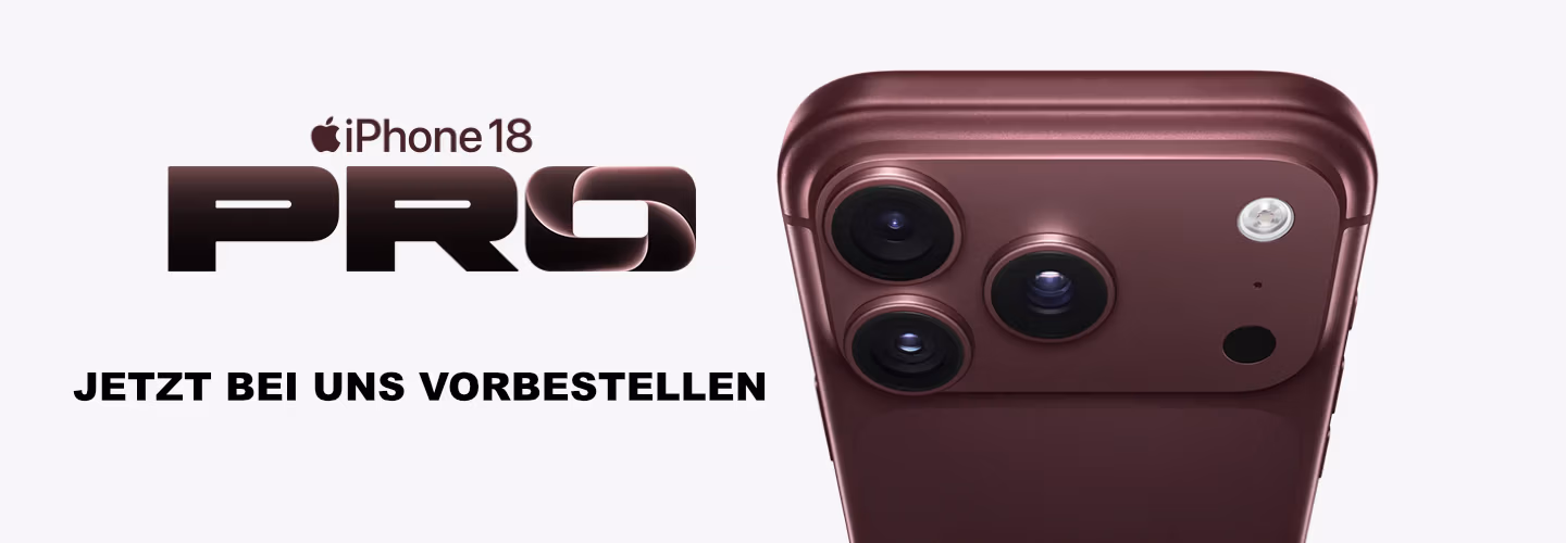 Neben einem burgunderroten iPhone 18 Pro mit drei Kameraobjektiven ist ein auffälliger deutscher Text zu sehen: „Jetzt bei uns vorbestellen“.