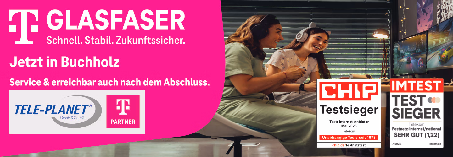 Anzeige für das Glasfaser-Internet der Telekom in Buchholz mit Auszeichnungen für Servicequalität, einem Tele-Planet-Logo und einer Person, die in einem grünen, modernen Arbeitsbereich einen Laptop nutzt. Der Text hebt Stabilität und Kundenservice hervor.